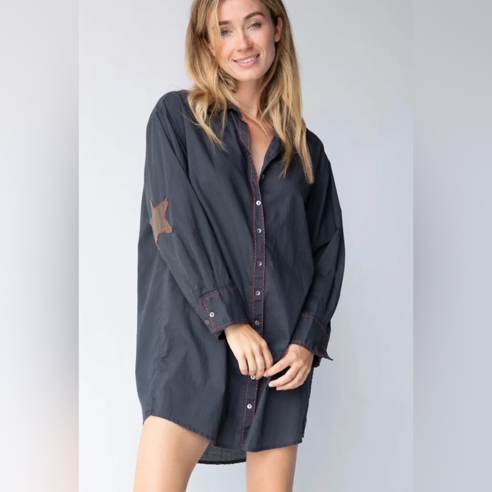Natural Life Lesli Elbow Star Patches Cotton Shirt Dress Size L/XL